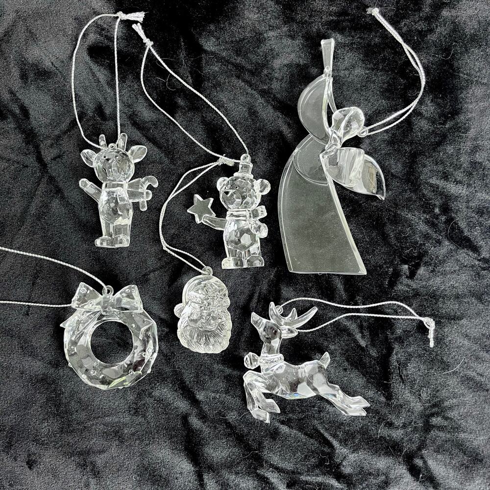 Lot of 6 Clear Plastic Acrylic Christmas Ornaments Santa Reindeer Wreath Angel